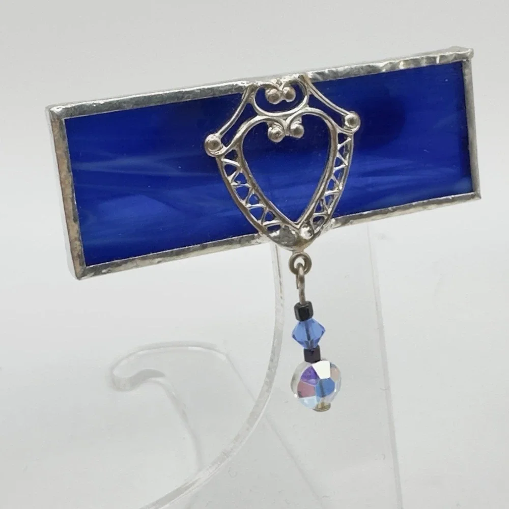Artisan Stained Glass Brooch Victorian Style Blue & Silver Tone Dangle Pin 2